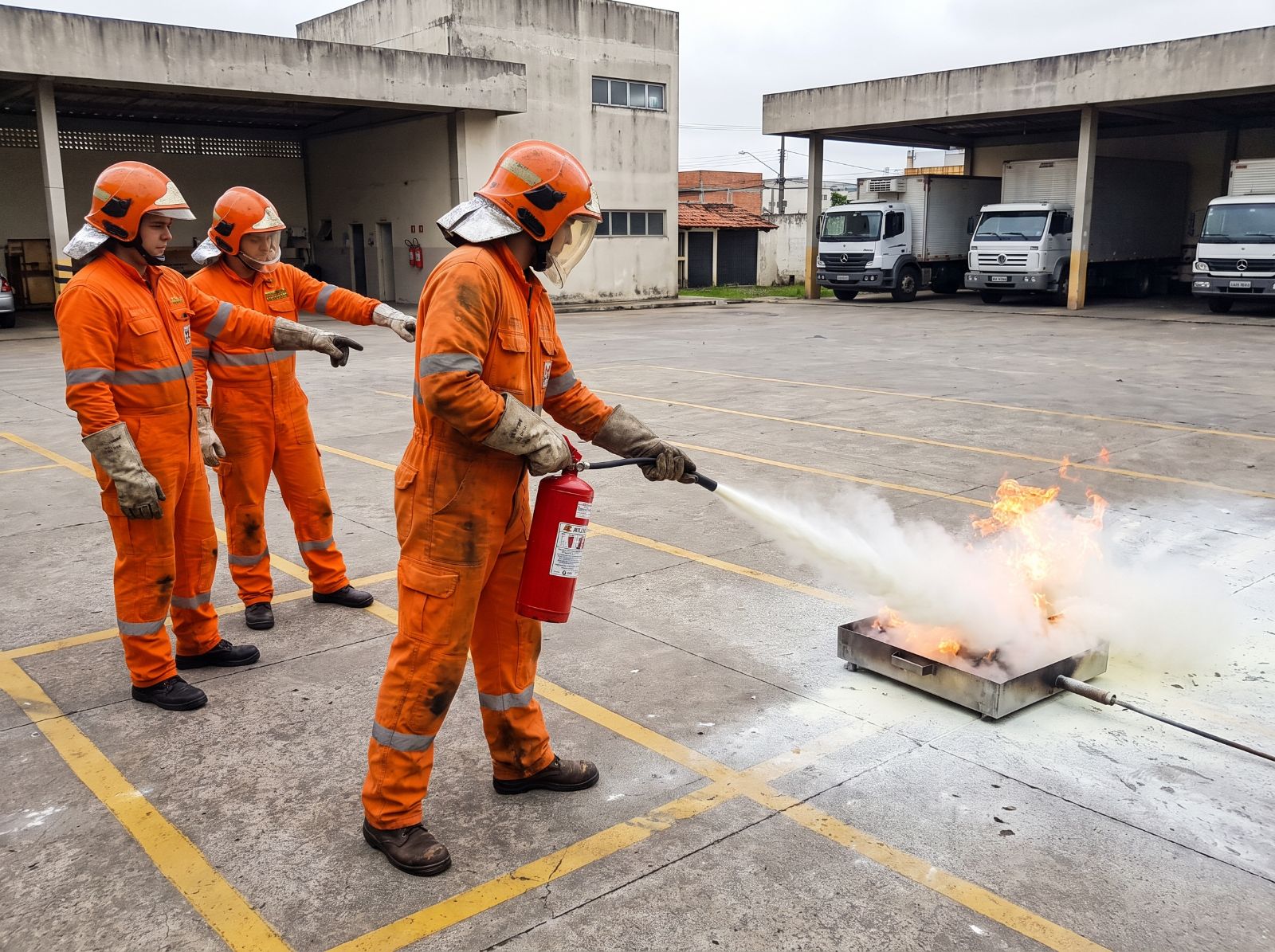 Treinamento prático de brigada de incêndio, brigadista usando extintor durante exercício