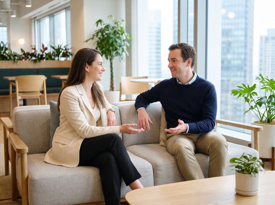 Dois colegas de trabalho em uma conversa respeitosa e tranquila no ambiente de escritório