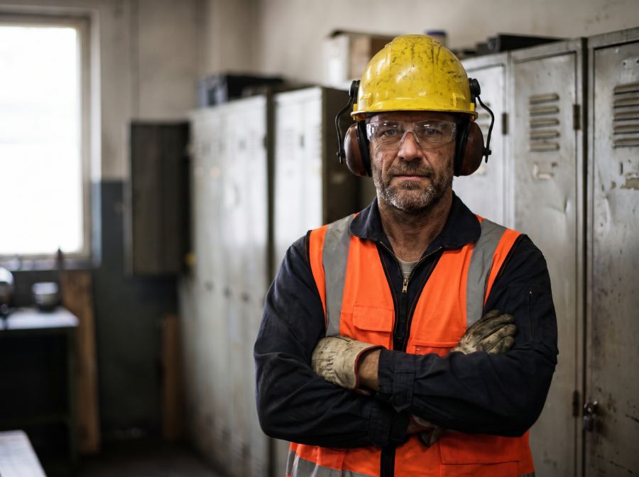 Trabalhador com capacete, óculos de proteção e luvas, equipamento de proteção individual completo