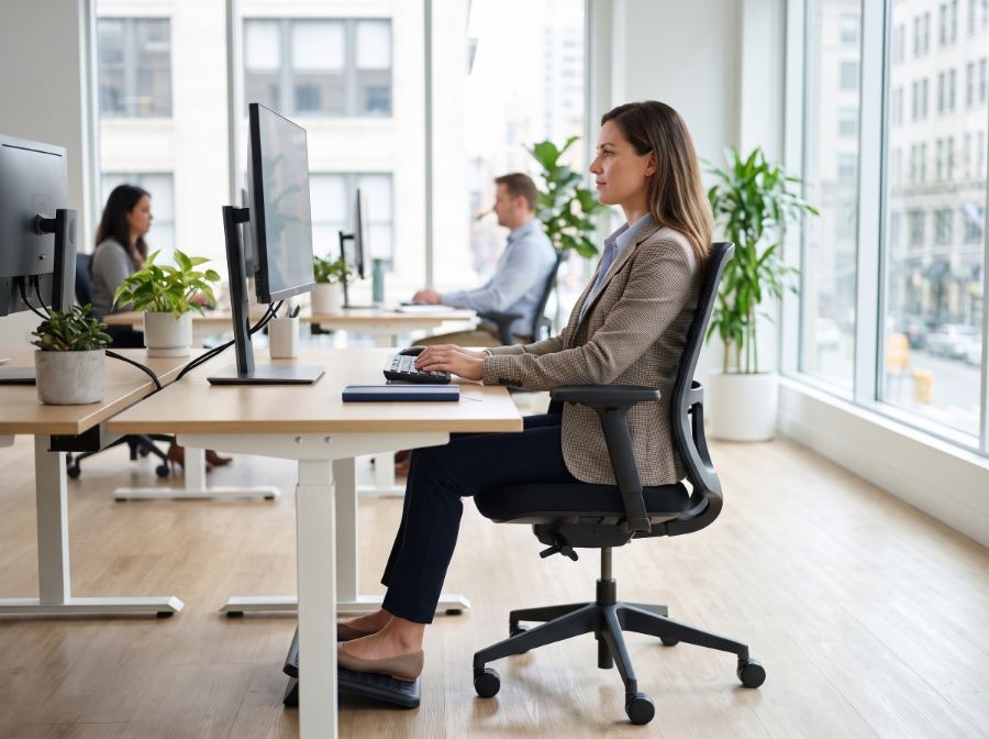 Colaborador de escritório demonstrando postura ergonômica correta na mesa de trabalho