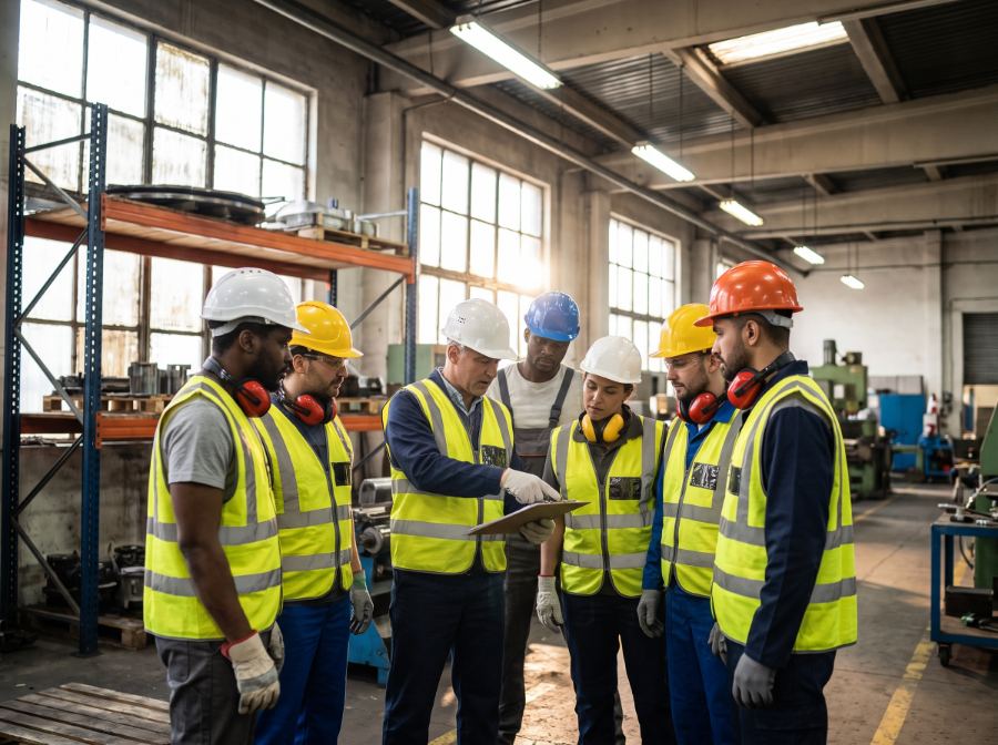Equipe de colaboradores industriais com EPIs variados reunida para um briefing de segurança
